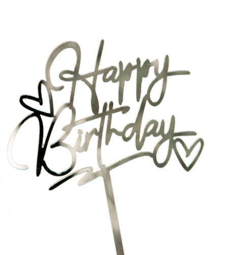 Топпер на торт "Happy birthday с сердечками" серебро, Китай Топпер на торт "Happy birthday с сердечками" серебро, Китай