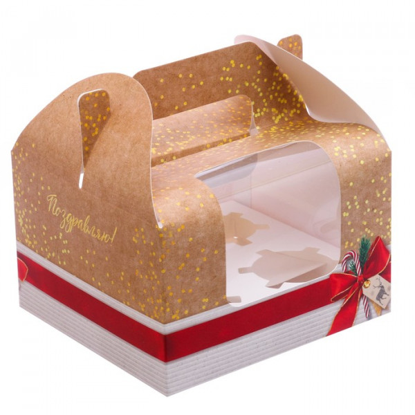 Коробка на 4 капкейка с ручками  Поздравляю  16*16*10, арт.3597010 - 1